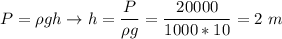 P = \rho gh \to h = \dfrac{P}{\rho g} = \dfrac{20000}{1000 * 10} = 2~m