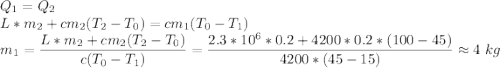 Q_1 = Q_2\\L*m_2 + cm_2(T_2 - T_0) = cm_1(T_0 - T_1)\\m_1 = \dfrac{L*m_2 + cm_2(T_2 - T_0)}{c(T_0 - T_1)} = \dfrac{2.3*10^6*0.2 + 4200*0.2*(100 - 45)}{4200* (45 - 15)} \approx 4~kg