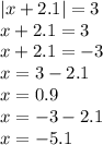 |x + 2.1| = 3 \\ x + 2.1 = 3 \\ x + 2.1 = - 3 \\ x = 3 - 2.1 \\ x = 0.9 \\ x = - 3 - 2.1 \\ x = - 5.1