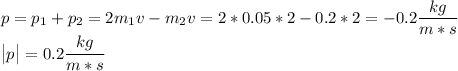 p = p_1 + p_2 = 2m_1v - m_2v = 2*0.05*2-0.2*2 = -0.2 \dfrac{kg}{m*s}\\\big|p\big| = 0.2 \dfrac{kg}{m*s}