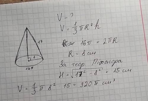 Знайдіть об'єм конуса, твірна якого дорівнює 17 см, а довжина кола основи – 16π см. ​
