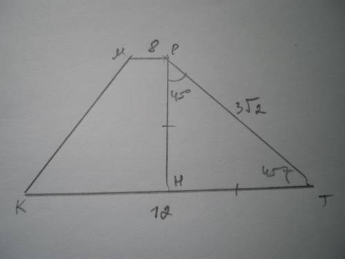 Боковая сторона трапеции равна 3√2. Образует с большим основанием угол 45 градусов основания равныт
