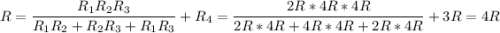 R = \dfrac{R_1R_2R_3}{R_1R_2+R_2R_3+R_1R_3} + R_4 = \dfrac{2R*4R*4R}{2R*4R+4R*4R + 2R*4R} + 3R = 4R