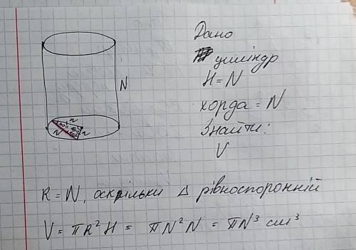 У циліндра в одній з основі проведено хорду завдовжки N см, яку видно з центра цієї основи під кутом