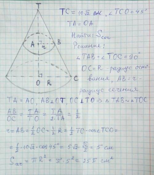 Образующая конуса, равна 10√2 см, наклонена к плоскости его основания под углом 45∘. Найдите площадь