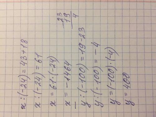 25. Решите уравнения:- 1) х:(-24)=43+18;+2) у:(-100)=19-23;-3) (x-83):(-75)=4;4) (x+63):48=-5;​