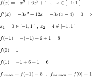 f(x)=-x^3+6x^2+1\; \; ,\; \; \; x\in [-1;1\; ]\\\\f'(x)=-3x^2+12x=-3x(x-4)=0\; \; \Rightarrow \\\\x_1=0\in [-1;1\; ]\; ,\; x_2=4\notin [-1;1\; ]\\\\f(-1)=-(-1)+6+1=8\\\\f(0)=1\\\\f(1)=-1+6+1=6\\\\f_{naibol}=f(-1)=8\; \; ,\; \; f_{naimen}=f(0)=1