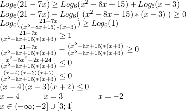Log_6(21-7x)\geq Log_6(x^2-8x+15)+Log_6(x+3)\\Log_6(21-7x)-Log_6( \ (x^2-8x+15)*(x+3) \ ) \geq 0\\Log_6(\frac{21-7x}{ (x^2-8x+15)*(x+3)}) \geq Log_6(1)\\\frac{21-7x}{ (x^2-8x+15)*(x+3)}\geq 1\\\frac{21-7x}{ (x^2-8x+15)*(x+3)}-\frac{(x^2-8x+15)*(x+3)}{ (x^2-8x+15)*(x+3)}\geq 0\\\frac{x^3-5x^2-2x+24}{ (x^2-8x+15)*(x+3)}\leq 0\\\frac{(x-4)(x-3)(x+2)}{ (x^2-8x+15)*(x+3)}\leq 0\\(x-4)(x-3)(x+2)\leq 0\\x=4 \ \ \ \ \ \ \ \ \ x=3 \ \ \ \ \ \ \ \ \ \ \ \ \ x=-2\\x\in(-\infty;-2]\cup[3;4]