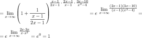 = \displaystyle \lim_{x \to \infty} \left(1 + \frac{1}{\dfrac{x - 1}{2x - 1} } \right)^{\bigg{\frac{x - 1}{2x - 1} \cdot \frac{2x - 1}{x - 1} \cdot \frac{3x-10}{x^{2} - 4} }} = e^{ \ \displaystyle \lim_{x \to \infty} }^{\bigg{\frac{(2x-1)(3x-10)}{(x-1)(x^{2}-4)} }} =\\= e^{ \ \displaystyle \lim_{x \to \infty} }^{\bigg{\frac{2x \cdot 3x}{x \cdot x^{2}} }} = e^{0} = 1