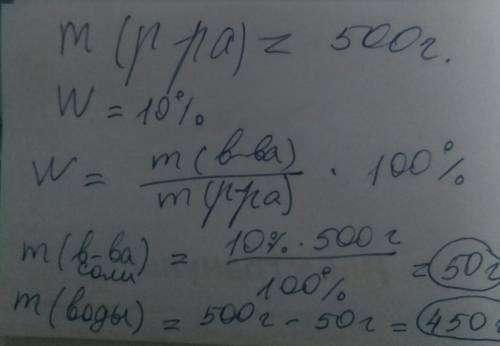 Какую массу соли и воды необходимо взять для приготовления 500г 10%-го раствора