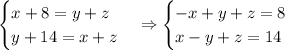 \begin{cases}x+8=y+z\\y+14=x+z\end{cases}\Rightarrow\begin{cases}-x+y+z=8\\x-y+z=14\end{cases}