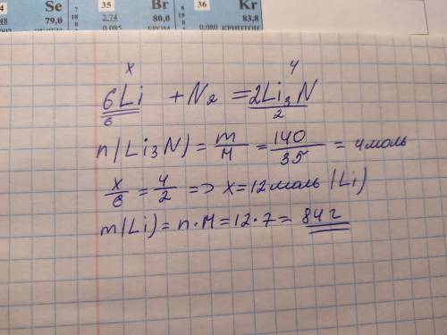 Вычислить массу лития если при взаимодействии его с азотом образовалось 140г нитрида лития