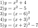 1) y=x^2+4\\2) y=x^2-5\\3) y=(x-6)^2\\4) y=(x+3)^2\\5) y=(x+2)^2-7