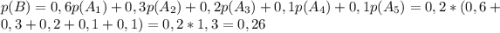 p(B)=0,6p(A_1)+0,3p(A_2)+0,2p(A_3)+0,1p(A_4)+0,1p(A_5)=0,2*(0,6+0,3+0,2+0,1+0,1)=0,2*1,3=0,26