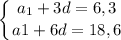 \displaystyle \left \{ {{a_1+3d=6,3} \atop {a1+6d=18,6}} \right.