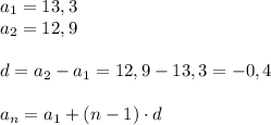 a_1=13,3\\a_2=12,9\\\\d=a_2-a_1=12,9-13,3=-0,4\\ \\ a_n=a_1+(n-1)\cdot d