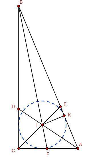 В треугольнике ABC угол C прямой. Известно, что BC=12, CA=5. Пусть I— точка пересечения биссектрис.