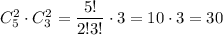 C^2_5\cdot C^2_3=\dfrac{5!}{2!3!}\cdot 3=10\cdot 3=30