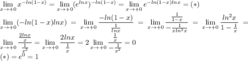 \lim\limits_{x\to+0}x^{-ln(1-x)}=\lim\limits_{x\to+0}(e^{lnx})^{-ln(1-x)}=\lim\limits_{x\to+0}e^{-ln(1-x)lnx}=(*)\\ \lim\limits_{x\to+0}({-ln(1-x)lnx)}=\lim\limits_{x\to+0}\dfrac{-ln(1-x)}{\frac{1}{lnx}}=\lim\limits_{x\to+0}\dfrac{\frac{1}{1-x}}{-\frac{1}{xln^2x}}=\lim\limits_{x\to+0}\dfrac{ln^2x}{1-\frac{1}{x}}=\lim\limits_{x\to+0}\dfrac{\frac{2lnx}{x}}{\frac{1}{x^2}}=\lim\limits_{x\to+0}\dfrac{2lnx}{\frac{1}{x}}=2\lim\limits_{x\to+0}\dfrac{\frac{1}{x}}{-\frac{1}{x^2}}=0\\ (*)=e^0=1