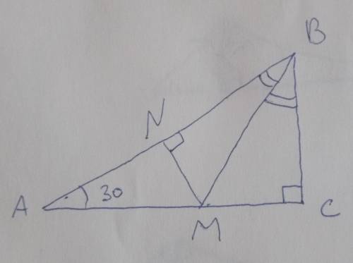 Треугольнике ABC Известно что угол C равен 90 градусов угол А равен 30 градусов отрезок BM биссектри