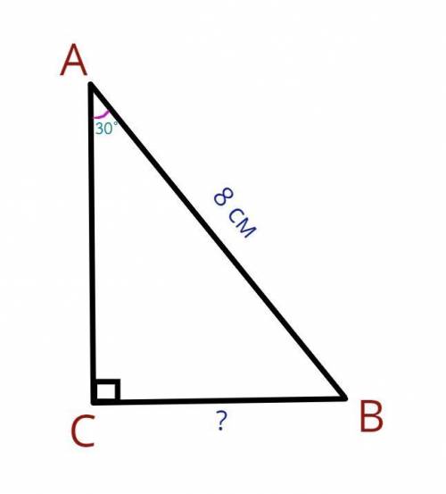 В прямоугольном треугольнике ABC угол A=30 градусам. Гипотенуза AB=8СМ. Найдите BC​