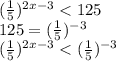 (\frac{1}{5})^{2x-3} < 125 \\ 125 = (\frac{1}{5})^{-3}\\ (\frac{1}{5})^{2x-3} < (\frac{1}{5})^{-3} \\