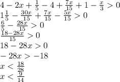 4 - 2x + \frac{1}{5} - 4 + \frac{7x}{15} + 1 - \frac{x}{3} 0 \\ 1 \frac{1}{5} - \frac{30x}{15} + \frac{7x}{15} - \frac{5x}{15} 0 \\ \frac{6}{5} - \frac{28x}{15} 0 \\ \frac{18 - 28x}{15} 0 \\ 18 - 28x 0 \\ - 28x - 18 \\ x < \frac{18}{28} \\ x < \frac{9}{14}