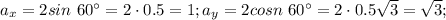 a_{x} = 2 sin~60^\circ = 2\cdot 0.5 = 1; a_{y} = 2 cosn~60^\circ = 2\cdot 0.5\sqrt{3} = \sqrt{3} ;