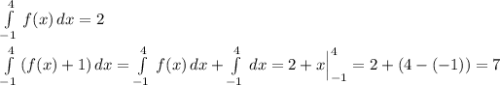 \int\limits^4_{-1}\, f(x)\, dx=2\\\\\int\limits^4_{-1}\, (f(x)+1)\, dx=\int\limits^4_{-1}\, f(x)\, dx+\int\limits^4_{-1}\, dx=2+x\Big |_{-1}^4=2+(4-(-1))=7