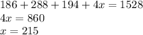 186 + 288 + 194 + 4x = 1528 \\ 4x = 860 \\ x = 215