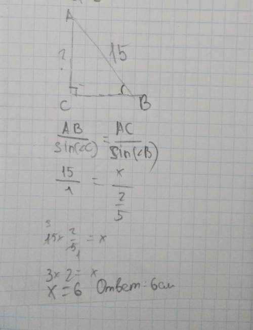 У трикутнику АВС (∠С = 900) знайдіть АС, якщо АВ = 15, а sinВ = 2/5