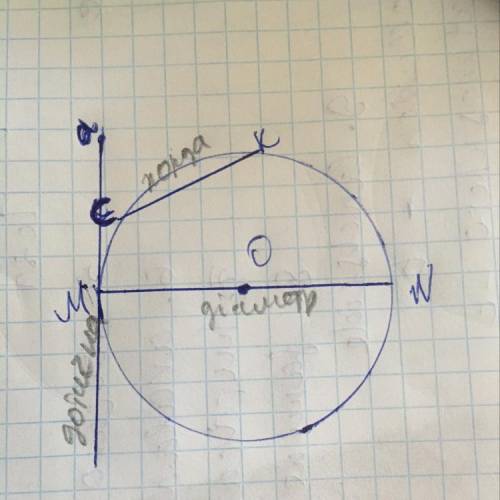 Накресліть коло, радіус якого 4 см. Проведіть у ньому діаметр MN, хорду KC. Побудуйте дотичну, що пр