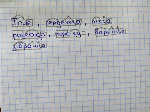 Розібрати подані слова за будовою: поле, серденько, пічка, розсада, переїзд, варення, зібрання.
