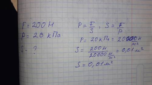 . Сила в 200 H чинить на поверхню тиск в 20 кПа. Знайдіть площу поверхні уквадратних метрах