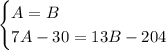 \begin{cases}A=B\\7A-30=13B-204\end{cases}