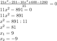 \frac{21x^2-231-10x^2+600-1260}{35}=0\\ 11x^2-891=0\\11x^2=891\\x^2=891:11\\x^2=81\\x_1=9\\x_2=-9