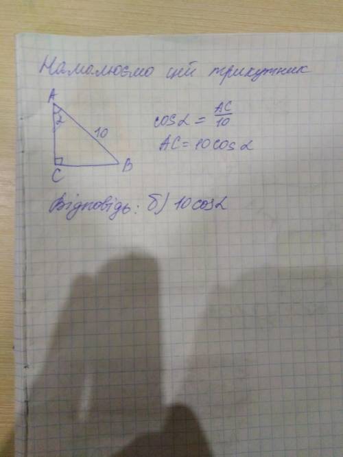 В прямокутному трикутнику АВС (∠С = 90˚) АВ = 10 см, ∠ А = α. Знайдіть АС. а) 10sinα б ) 10cosα в)