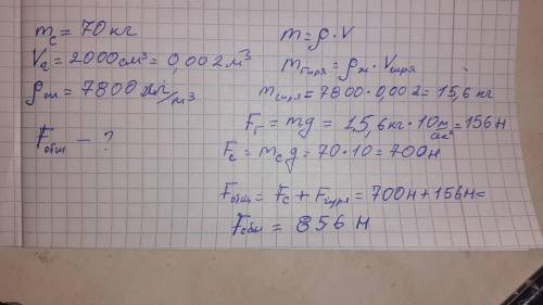 Спортсмен массою 70 кг підняв залізну гирю об‘ємом 2000см3. В�значити силу з якою спортсмен діє на З