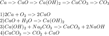 Ca = CaO = Ca(OH)_2 = CaCO_3=CO_3\\\\1)2Ca+O_2=2CaO\\2)CaO+H_2O=Ca(OH)_2\\3)Ca(OH)_2+Na_2CO_3=CaCO_3+2NaOH\\4)CaCO_3=CO_2+CaO