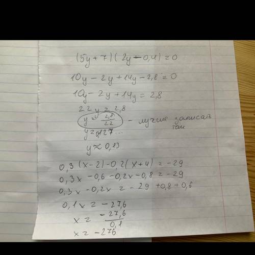 Розвяжіть рівняння з діями. (5у+7)(2у-0,4)=0 0,3(х-2)-0,2(х+4)=-29