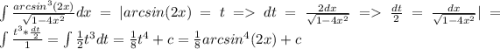 \int {\frac{arcsin^3(2x)}{\sqrt{1-4x^2}} }dx = |arcsin(2x) = t = dt = \frac{2dx}{\sqrt{1-4x^2}} = \frac{dt}{2} = \frac{dx}{\sqrt{1-4x^2}}| = \int {\frac{t^3*\frac{dt}{2} }{1} } = \int{\frac{1}{2}t^3dt } = \frac{1}{8}t^4 + c =\frac{1}{8}arcsin^4(2x) + c\\