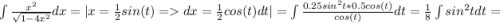 \int{\frac{x^2}{\sqrt{1-4x^2}}dx = | x = \frac{1}{2}sin(t) = dx = \frac{1}{2}cos(t)dt| = \int{\frac{0.25sin^2t * 0.5cos(t)}{cos(t)}dt = \frac{1}{8}\int{sin^2tdt} =