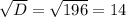 \sqrt{D} = \sqrt{196} =14