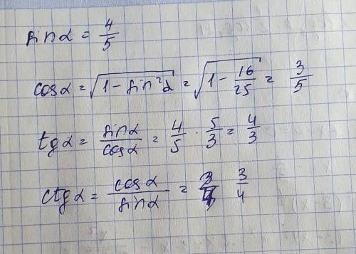 Найдите cos α, tg α, cotg α если sin α =4/5 и α меньше 90 гр.