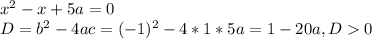 x^{2} -x+5a=0\\D = b^{2} - 4ac = (-1)^{2} - 4*1*5a=1 - 20a, D0