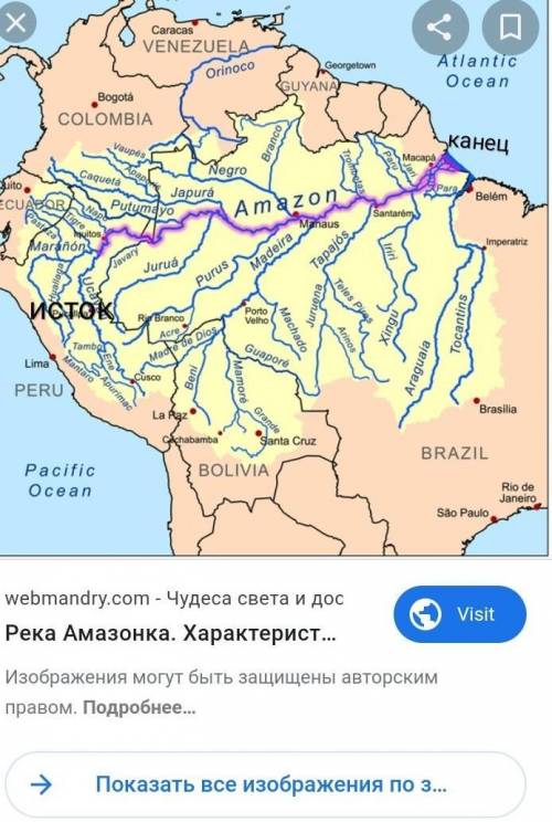 5 класс. Человек и мир. Нужно обозначить стрелкой направление реки Амазонки. Обозначить её исток( бу