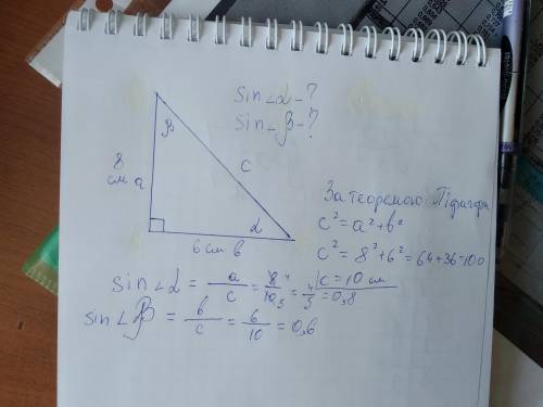Знайдіть сінуси гострих кутів прямокутного трикутника, якщо його катети дорівнюють 6см і 8см.С полны
