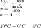 \frac{1000}{6} =\frac{1000}{x} \\x=\frac{1000*6}{1000} \\x=6\\\\10аC-6аC=4аC