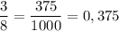 \dfrac{3}{8} = \dfrac{375}{1000} = 0,375