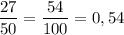 \dfrac{27}{50} = \dfrac{54}{100} = 0,54